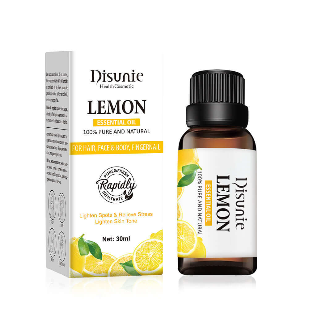 Disunie Lemon Essential Oil 30ml for hair, face, and body, helps lighten spots and relieve stress.