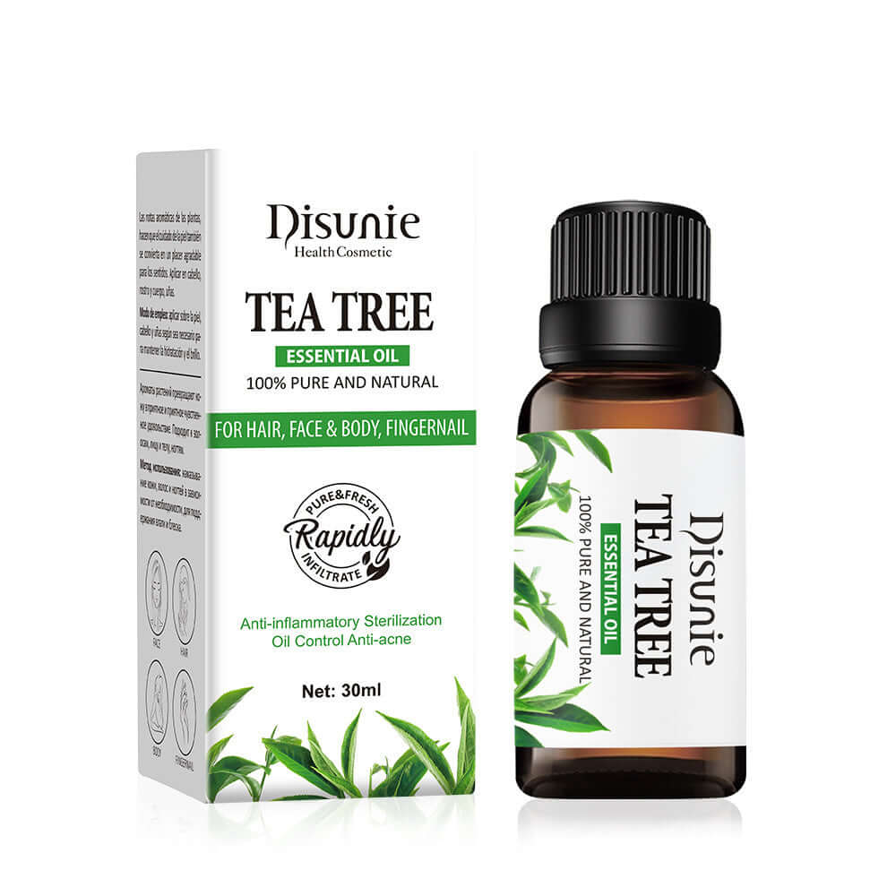 Tea Tree Essential Oil by Disunie in 30ml bottle for hair, face, and body care. 100% pure and natural ingredients.