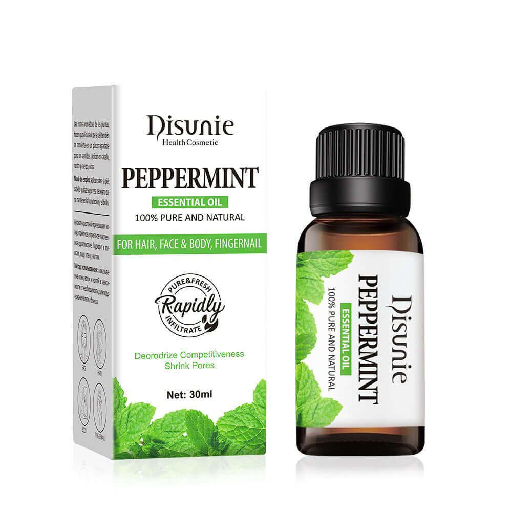 Peppermint essential oil in a bottle with packaging, 100% pure and natural for hair, face, and body care.