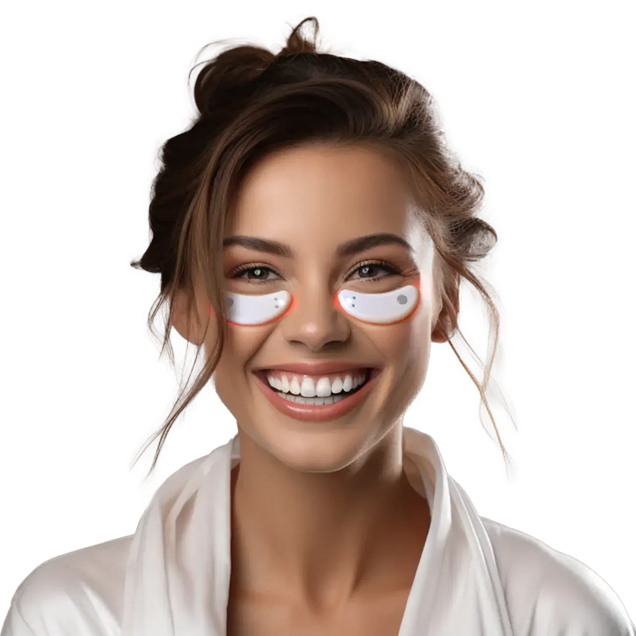 Femme souriante utilisant des capsules oculaires pour revitaliser ses yeux fatigués, avec un look frais et détendu.