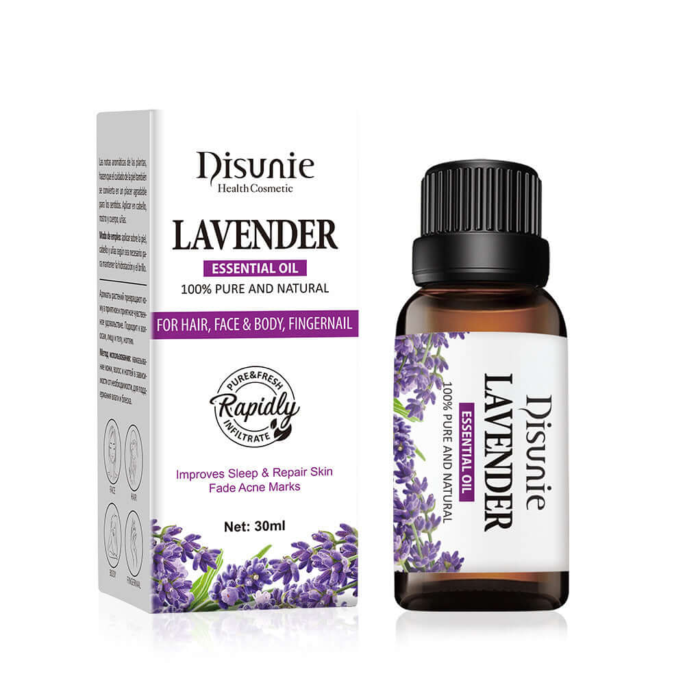 Lavender essential oil by Disunie in a 30ml bottle, promoting natural skin care, hair, and body benefits.