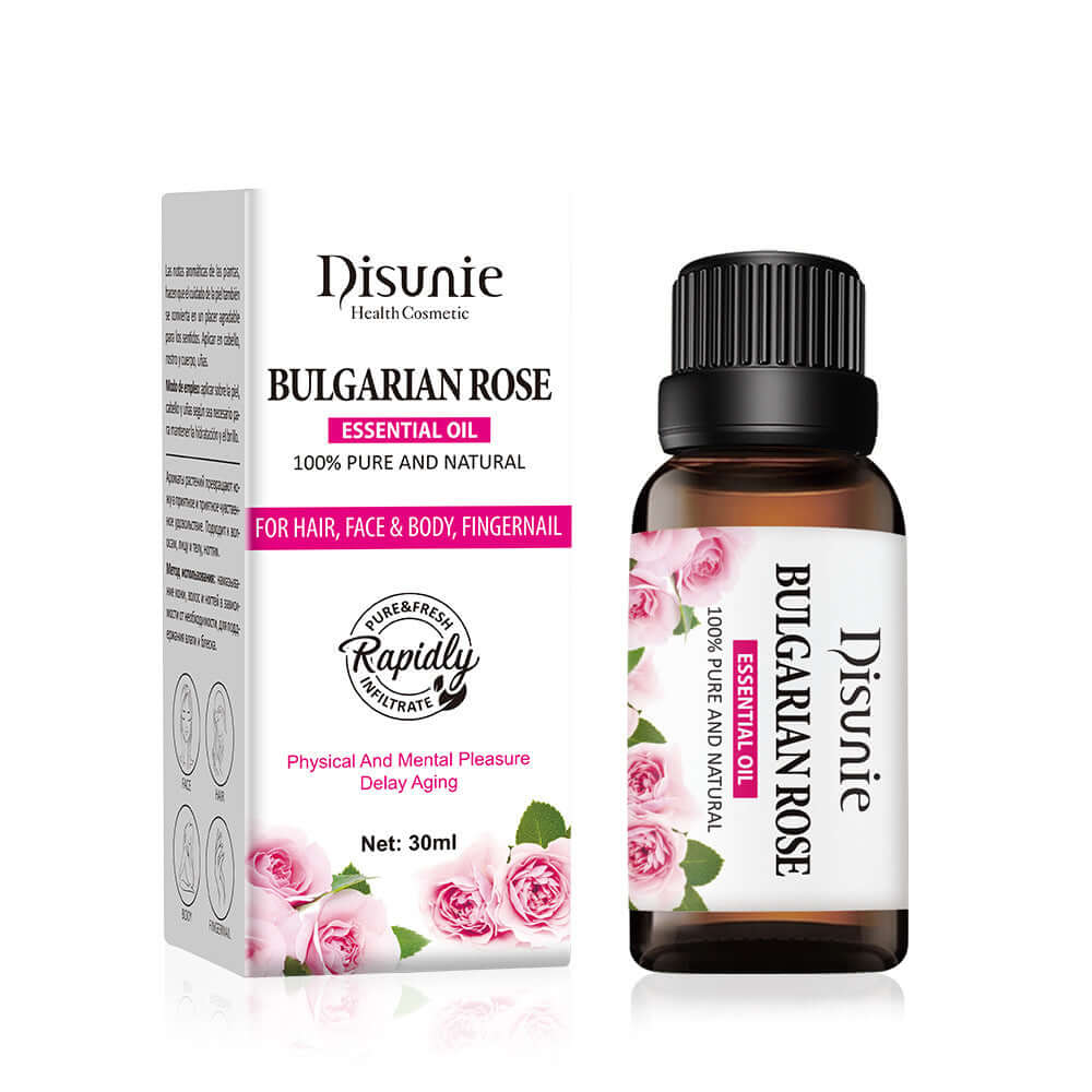 Bulgarian Rose Essential Oil 30ml by Disunie for hair, face, body, and fingernails, pure and natural fragrance.