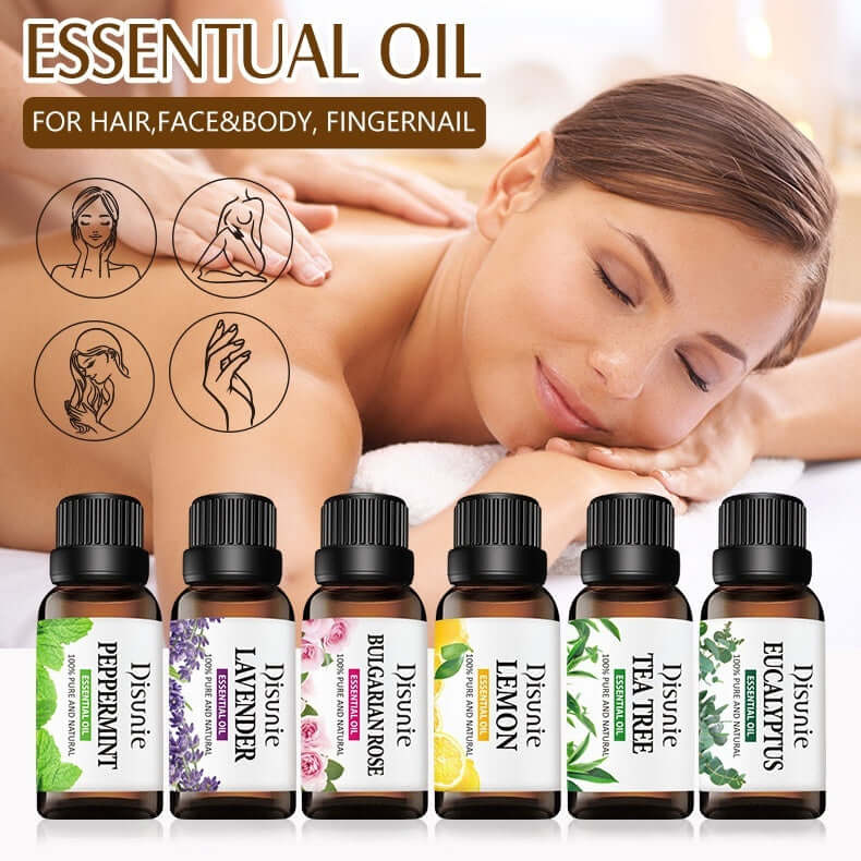 Essential oil bottles for hair, face, body, and fingernail care, featuring peppermint, lavender, rose, lemon, tea tree, and eucalyptus.