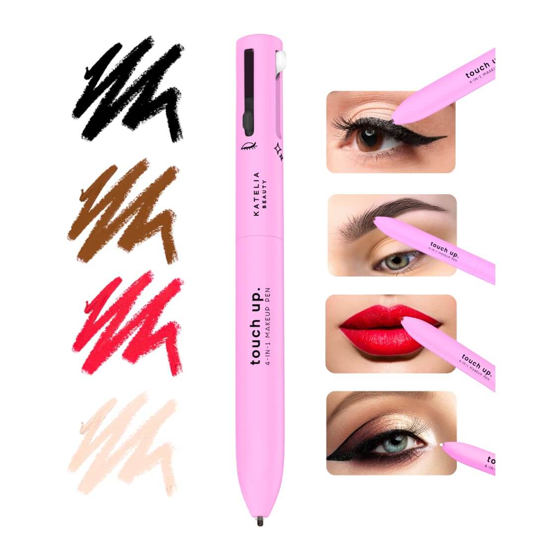 Stylo de maquillage 4 en 1 en rose avec échantillons de couleur, présenté avec des looks de maquillage variés.